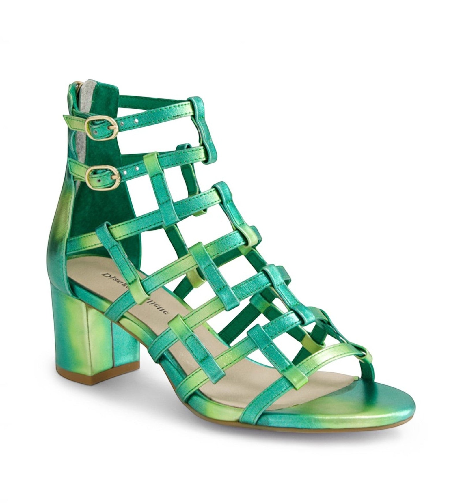 House of Florian Django & Juliette Ebbie emerald metallic leather strappy block heel sandals with adjustable buckles.