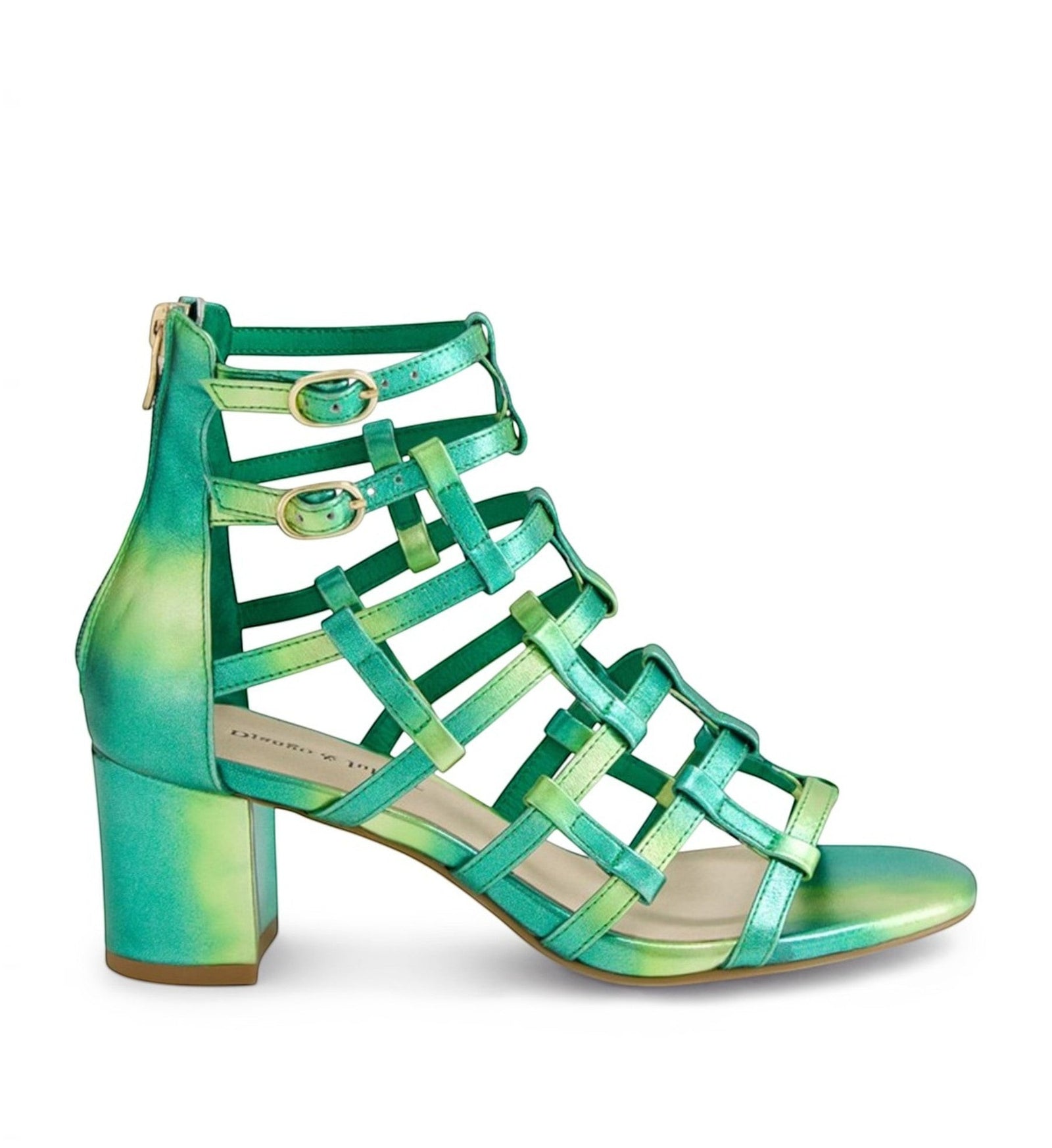 House of Florian Django & Juliette Ebbie emerald green metallic leather strappy block heel sandals with rear zip