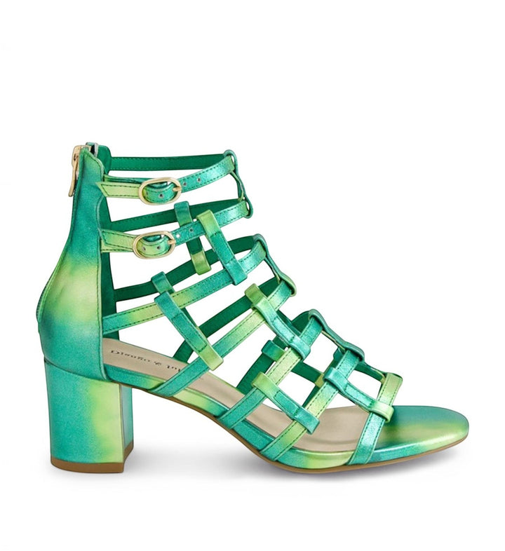House of Florian Django &amp; Juliette Ebbie emerald green metallic leather strappy block heel sandals with rear zip