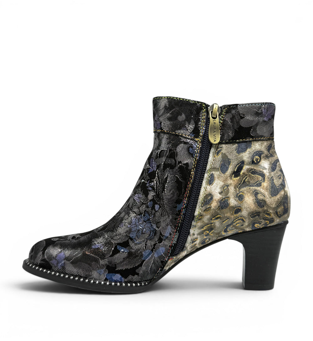 House of Florian Elcodieo 43 Acier ankle boots with floral and leopard print, side zip, and block heel.