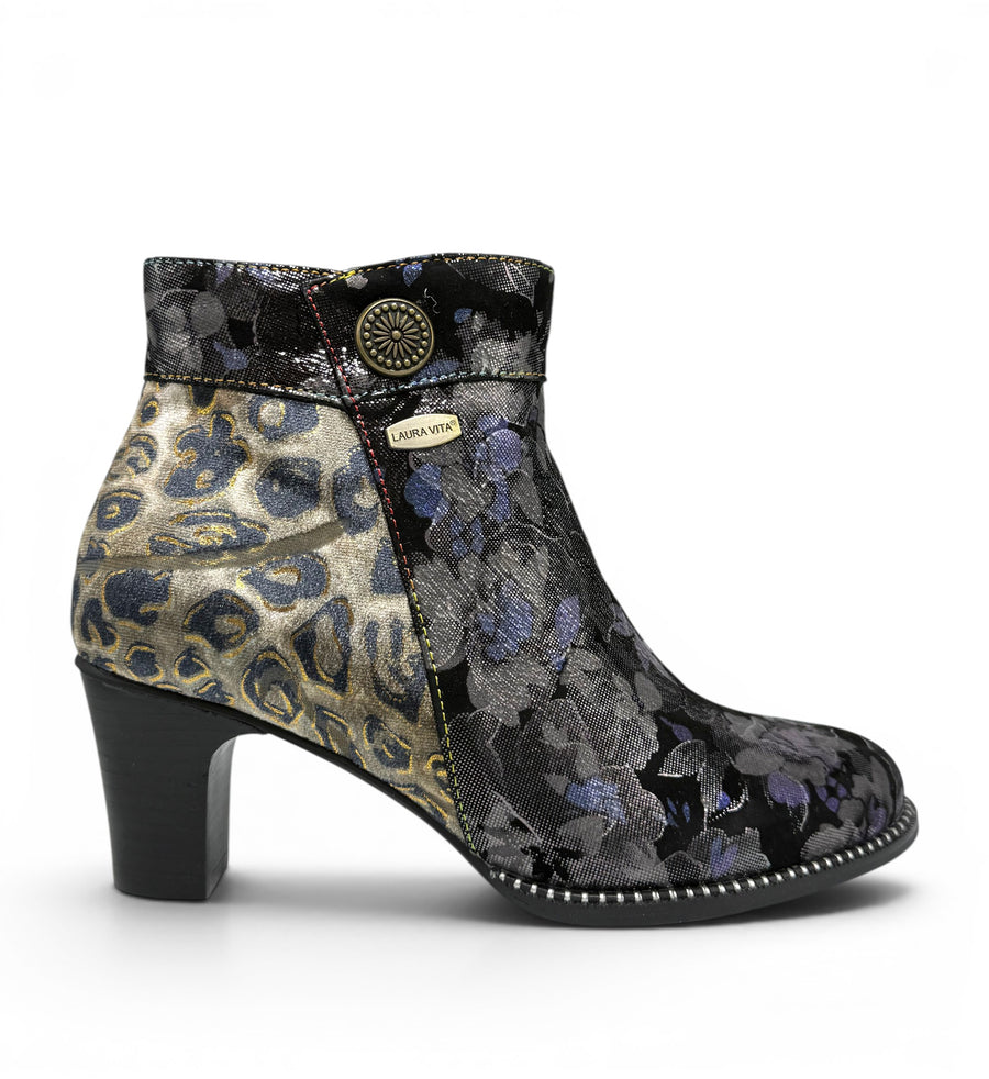 House of Florian Elcodieo 43 Acier ankle boots with floral and leopard print, featuring a block heel and decorative button.