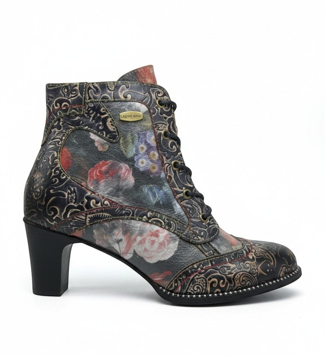 House of Florian Elcodieo 213 Blue leather ankle boots with floral and paisley patterns, lace-up front, and block heel.
