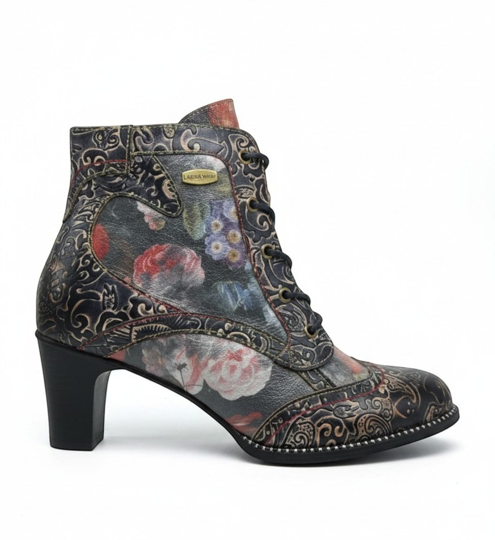 House of Florian Elcodieo 213 Blue leather ankle boots with floral and paisley patterns, lace-up front, and block heel.