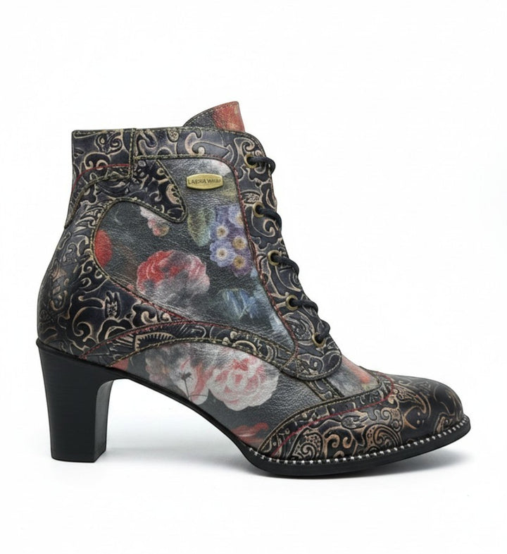 House of Florian Elcodieo 213 Blue leather ankle boots with floral and paisley patterns, lace-up front, and block heel.
