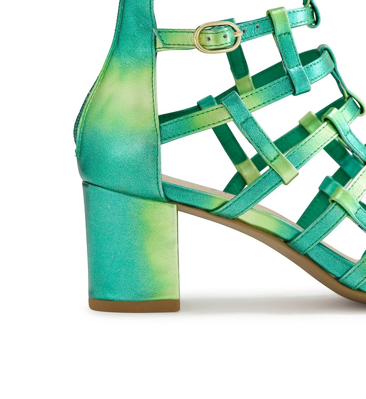 House of Florian Ebbie emerald metallic leather strappy block heel sandals with adjustable ankle straps