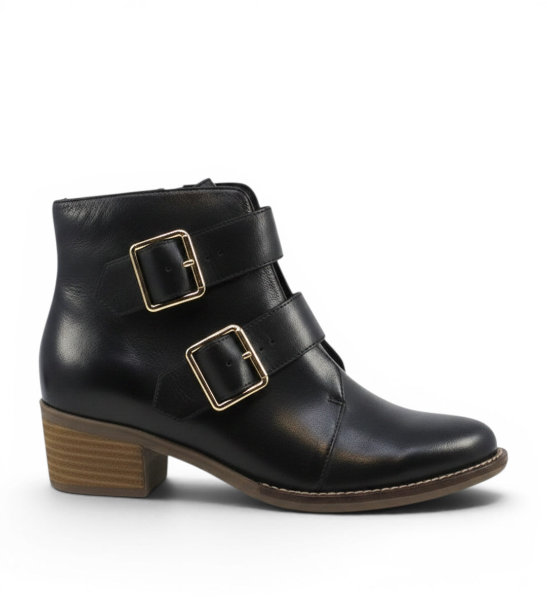 House of Florian Enola XF Black smooth leather ankle boots with double buckle detail and block heel.