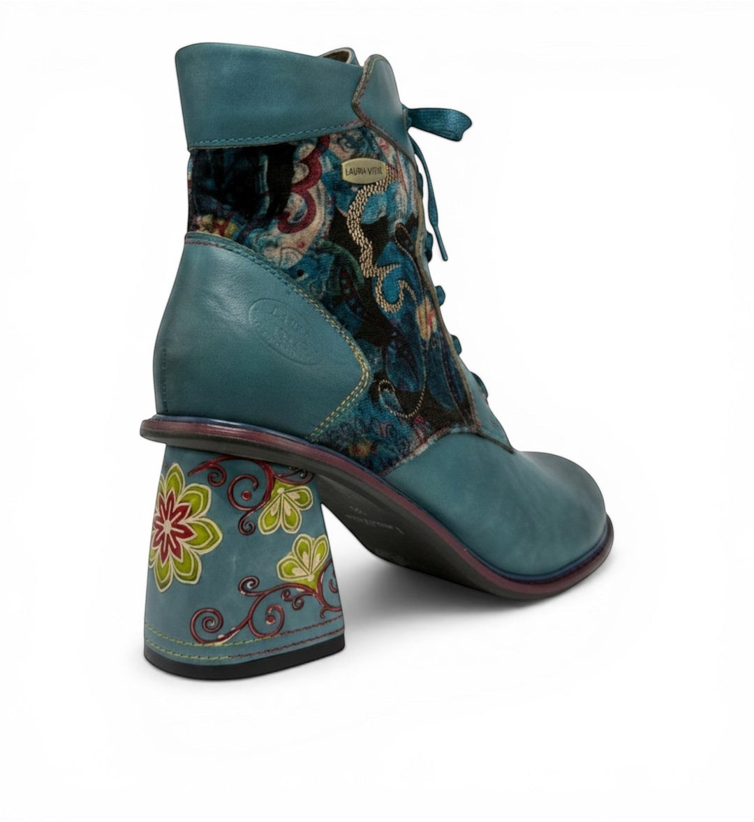 House of Florian Evcao 83 Blue teal leather ankle boots with paisley fabric panels and floral block heel.
