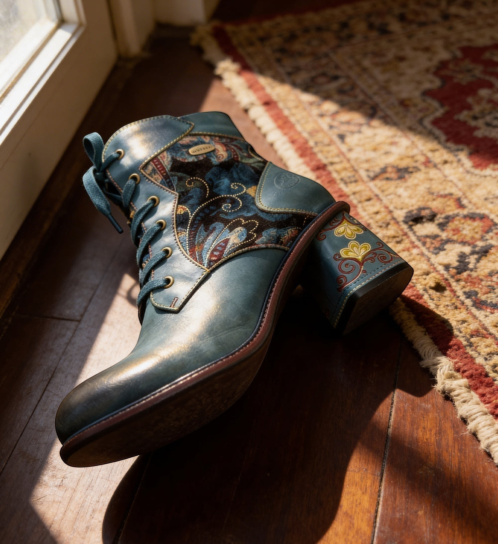House of Florian Evcao 83 Blue teal leather ankle boots with paisley fabric panels and floral block heel.