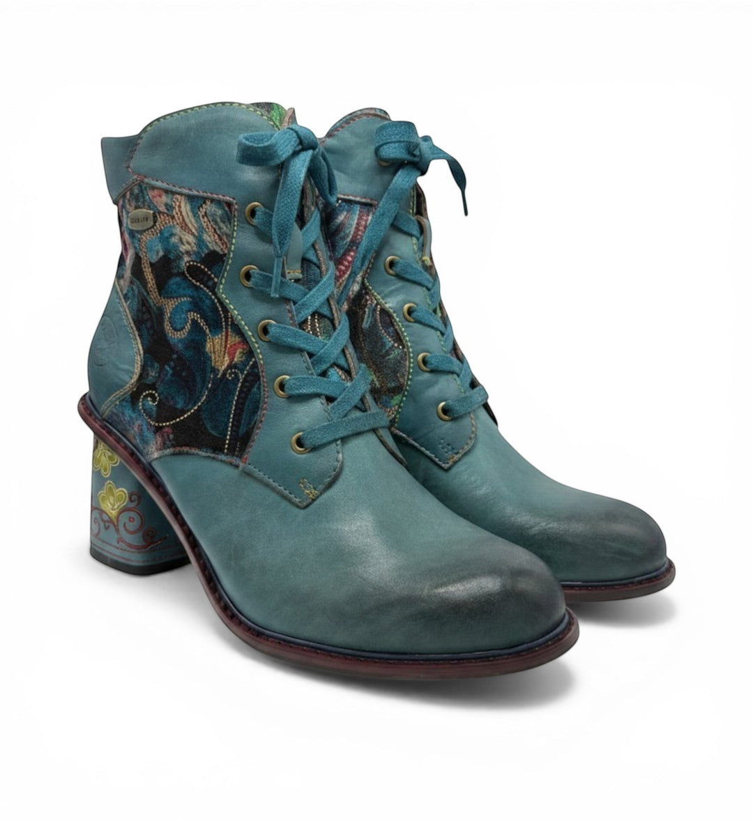 House of Florian Evcao 83 Blue teal leather ankle boots with paisley fabric panels and floral block heel.