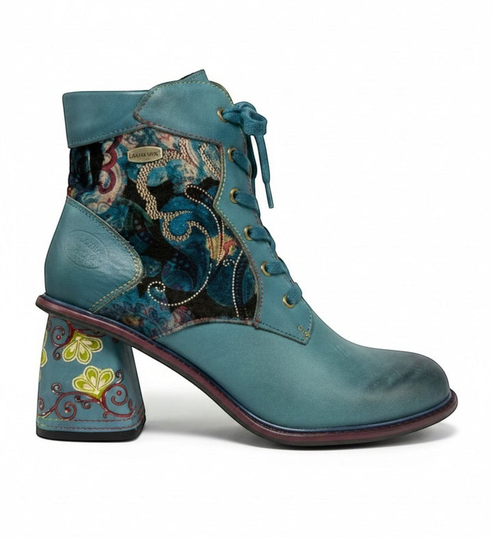 House of Florian Evcao 83 Blue teal leather ankle boots with paisley fabric panels and floral block heel.