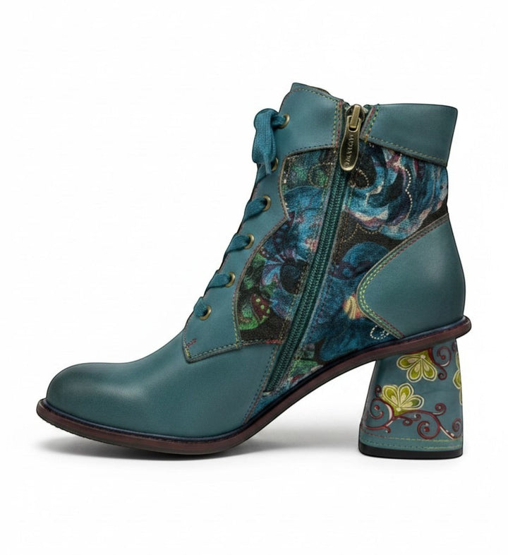 House of Florian Evcao 83 Blue teal leather ankle boots with paisley fabric panels and floral heel.