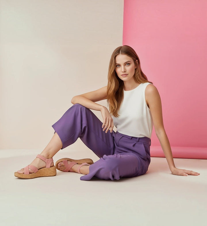 Model wearing House of Florian Flora Antique Rose pink suede cork wedge sandals with cross-strap design