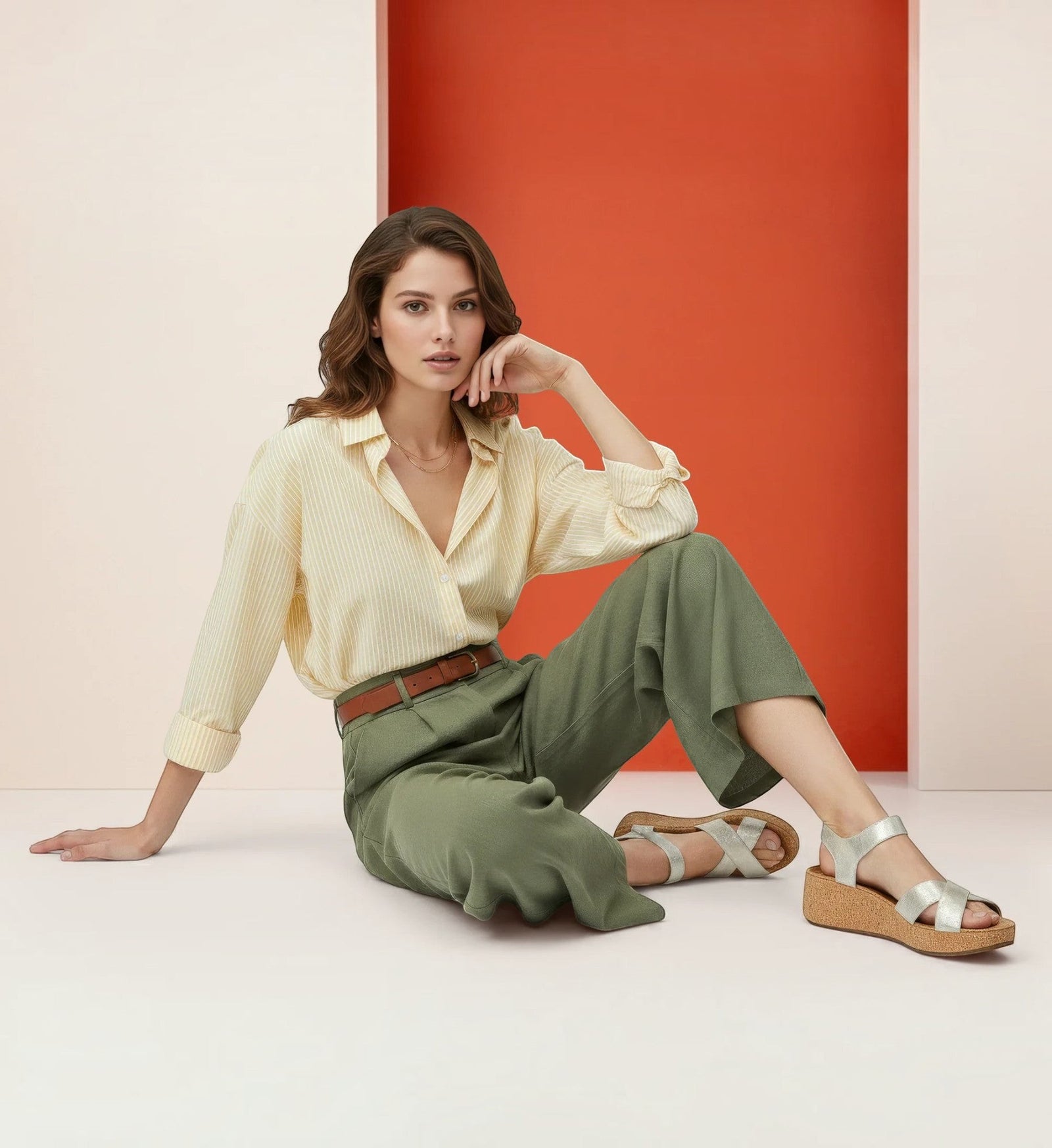 House of Florian Flora Champagne sandals in metallic silver with a cork wedge heel worn by a woman in a studio.