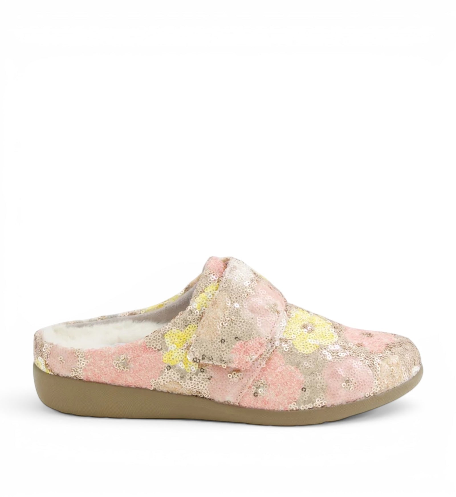 House of Florian Fosco XW Metallic Daisy Sequin slippers with pink, yellow, and beige floral sequin pattern and fluffy lining.