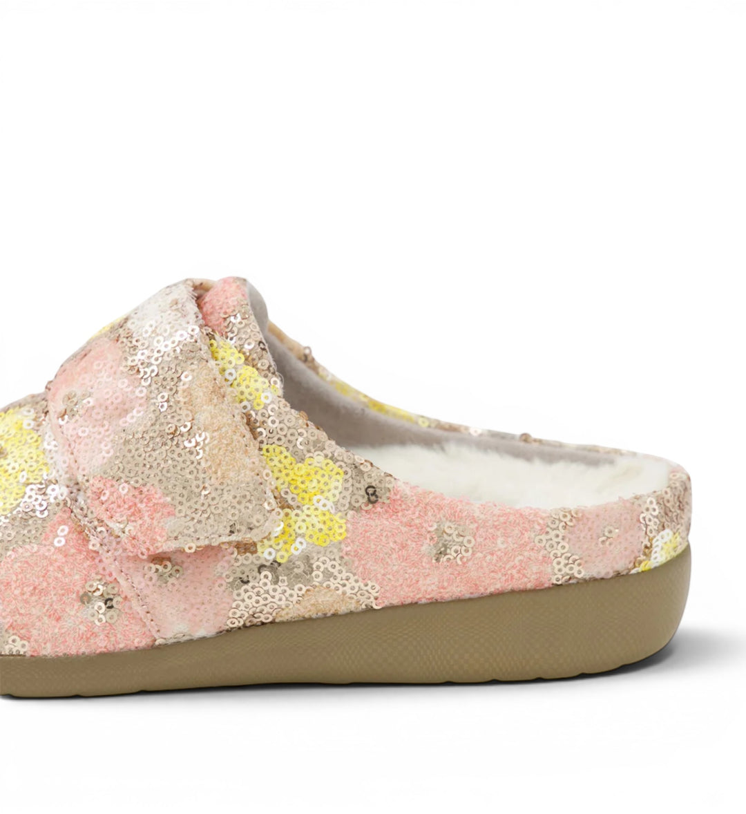 House of Florian Fosco XW Metallic Daisy Sequin slippers with plush lining and adjustable strap. Pink, yellow, and gold sequins.