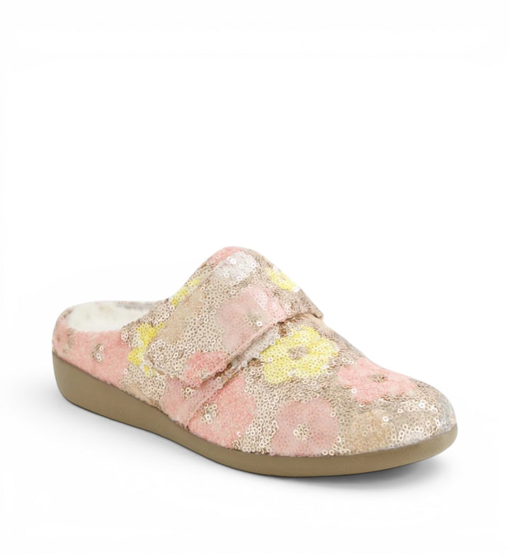 House of Florian Fosco XW Metallic Daisy Sequin slippers with pink, yellow, and gold sequins and a plush lining.
