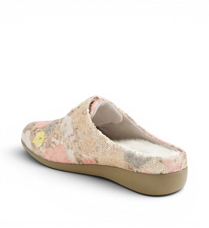 House of Florian Fosco XW Metallic Daisy Sequin slippers with plush lining and sequin floral pattern in pink and gold.