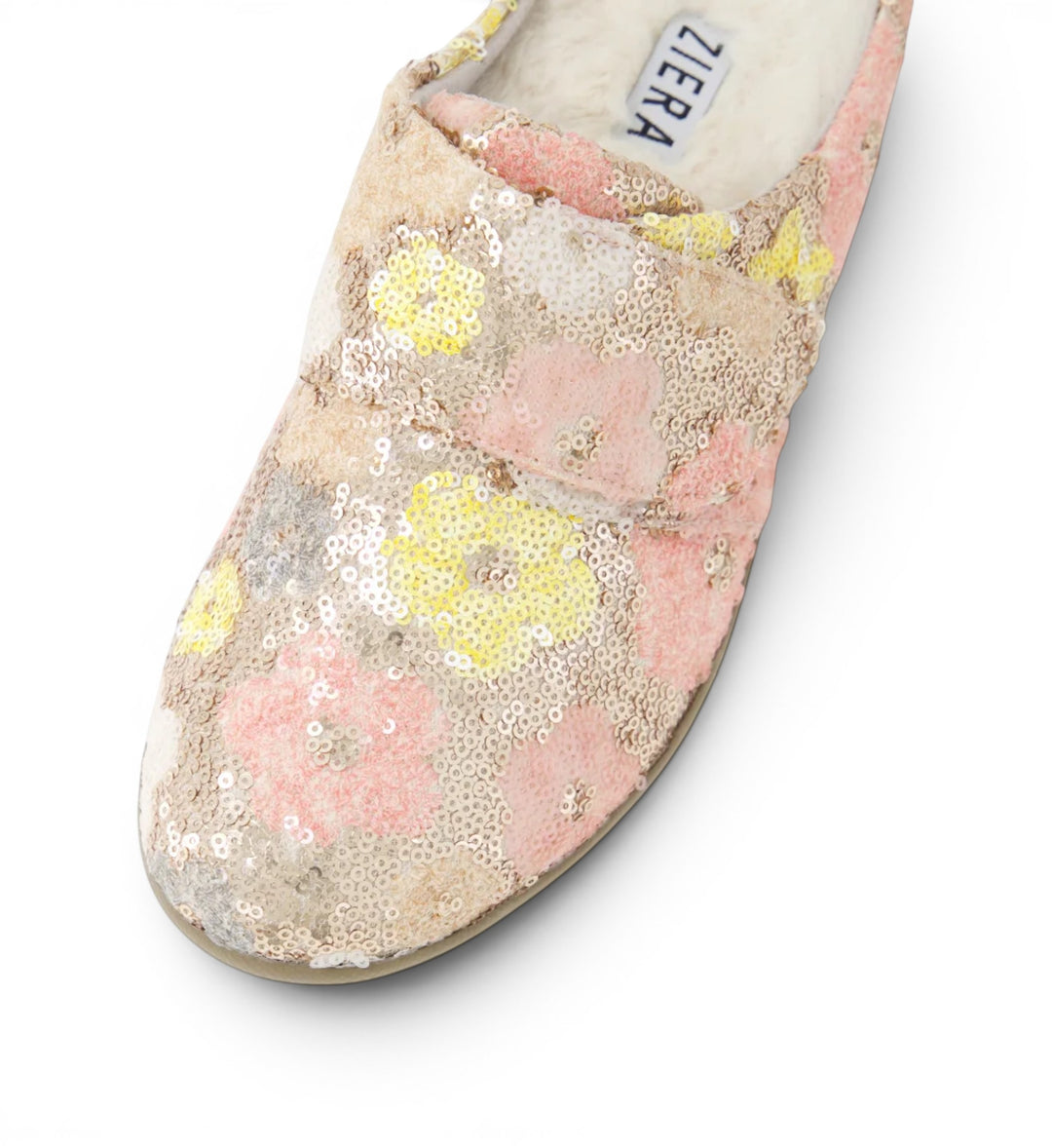 House of Florian Fosco XW Metallic Daisy Sequin slippers with fluffy lining and floral sequin embellishments in pink, yellow, and gold.