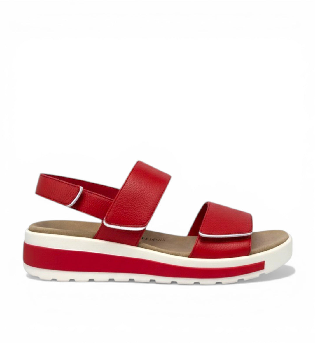 House of Florian Garlin red leather sandals with adjustable velcro straps and white platform sole.