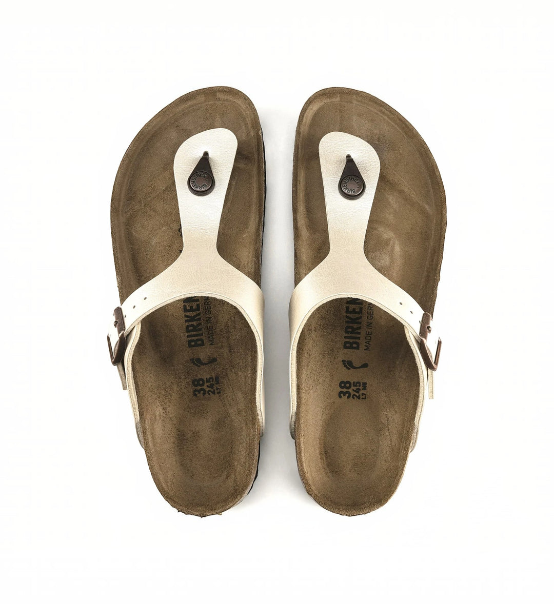 House of Florian Gizeh thong sandals in pearl white Birko-Flor with adjustable buckle and cork footbed.