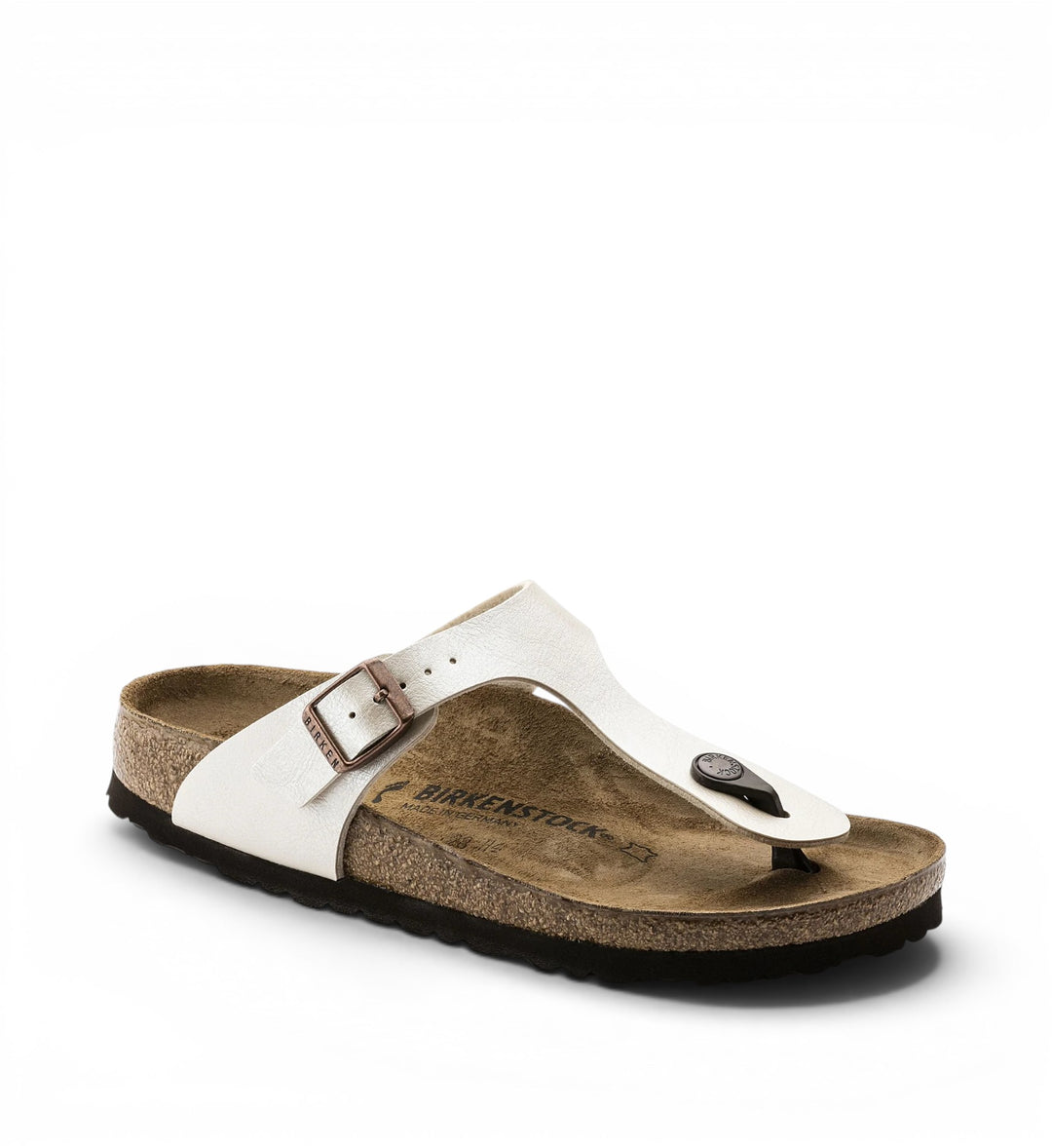 House of Florian Gizeh thong sandal in pearl white Birko-Flor with adjustable buckle and cork footbed.