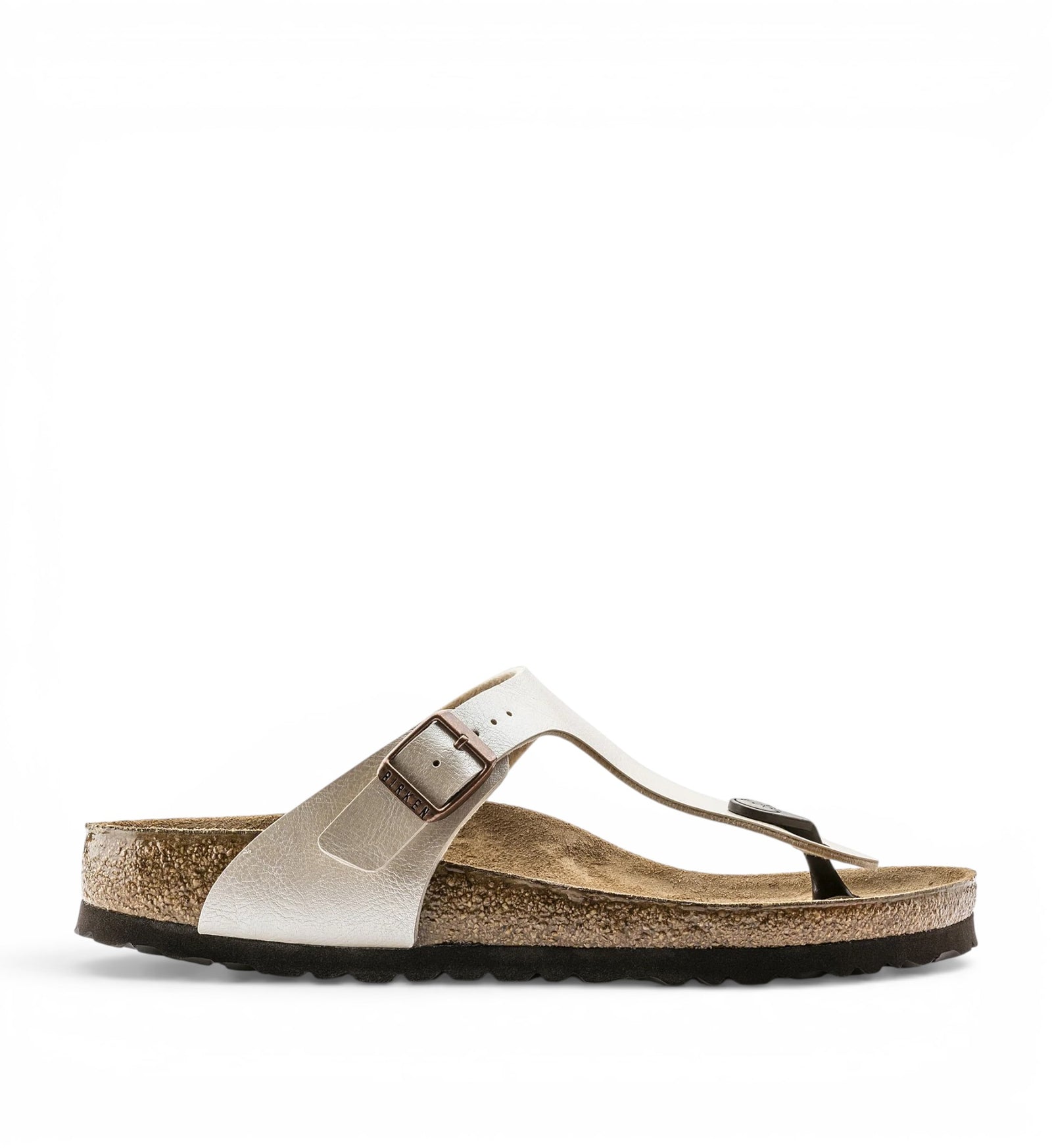 House of Florian Gizeh thong sandal in pearl white Birko-Flor with adjustable buckle and cork footbed.