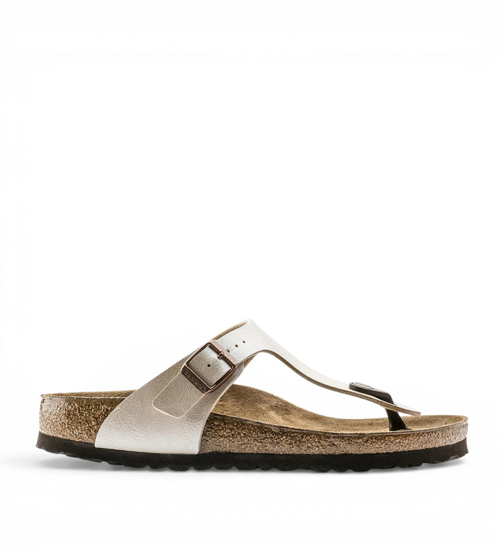House of Florian Gizeh thong sandal in pearl white Birko-Flor with adjustable buckle and cork footbed.