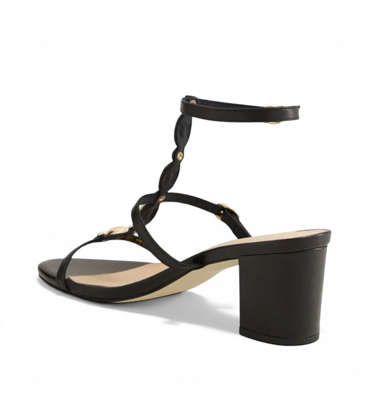 House of Florian Glimery Black block heel sandals with ankle strap and gold-tone hardware details
