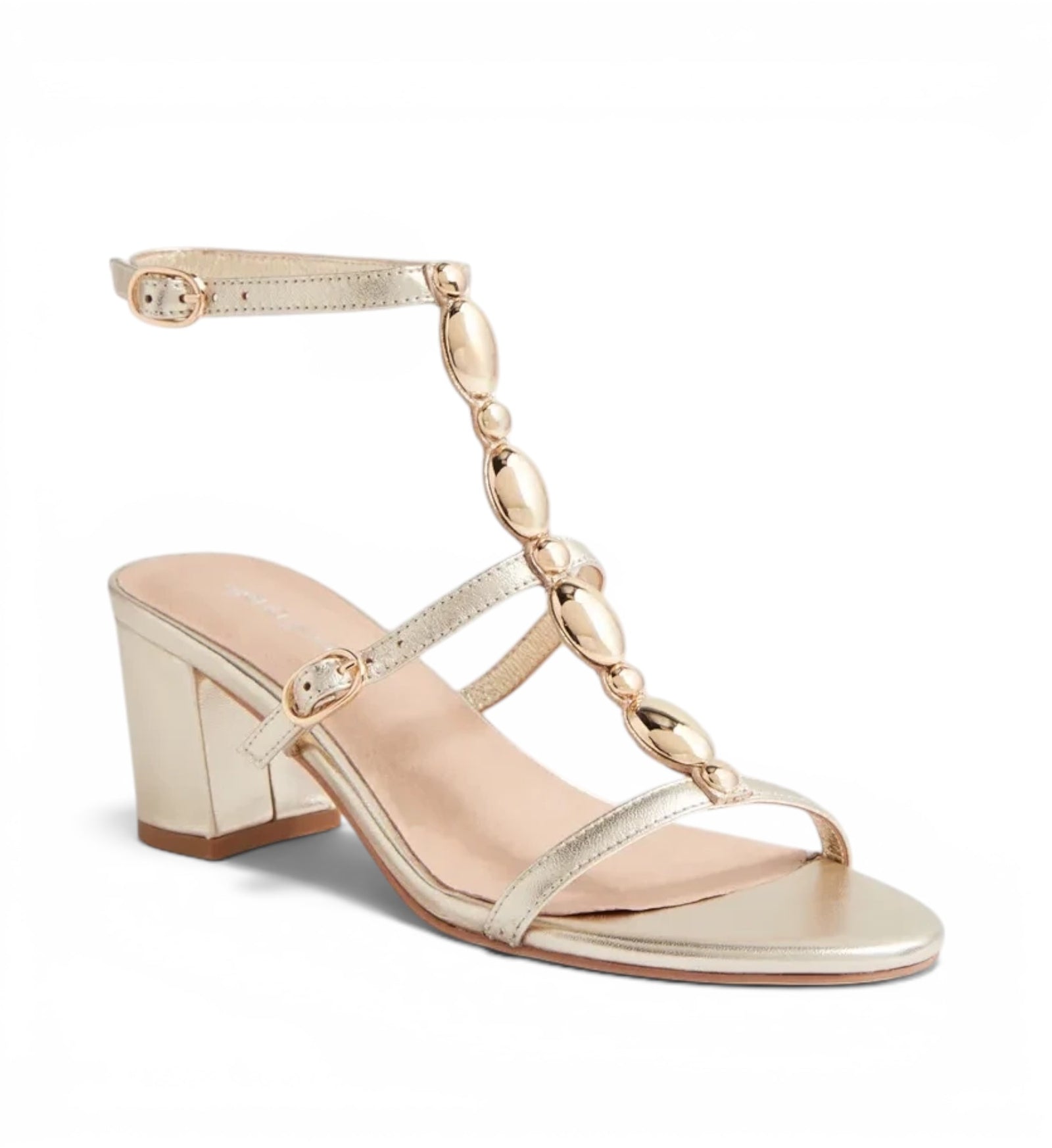 House of Florian Glimery Gold metallic block heel sandals with a t-strap design and decorative gold beads.