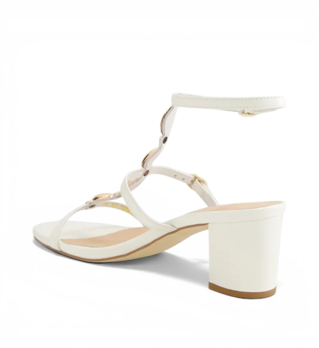 House of Florian Glimery White block heel sandals with gold circular accents and an ankle strap