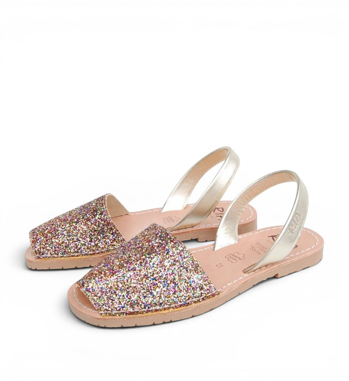 House of Florian Joan Avarcas Glitter Sandals Confetti with gold straps and multi-colored glitter.