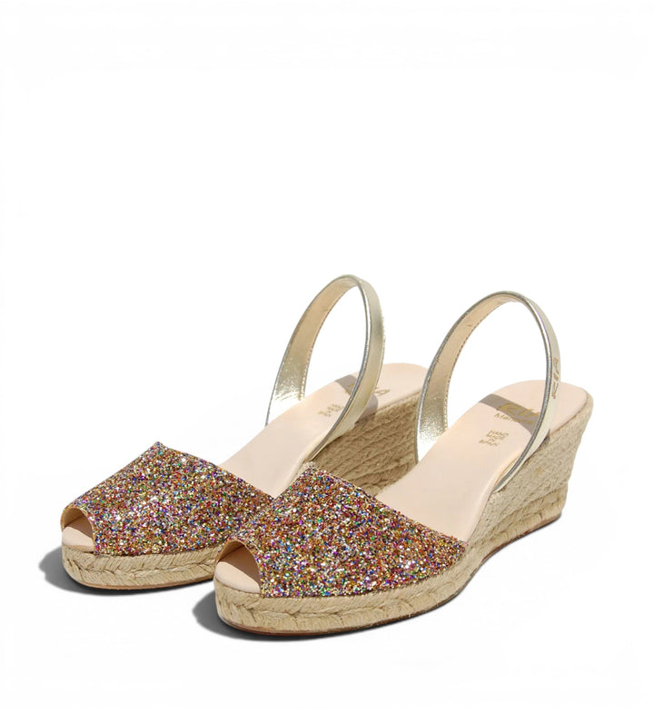 House of Florian Lluna Avarcas glitter wedge espadrilles with peep toe and slingback strap in confetti.
