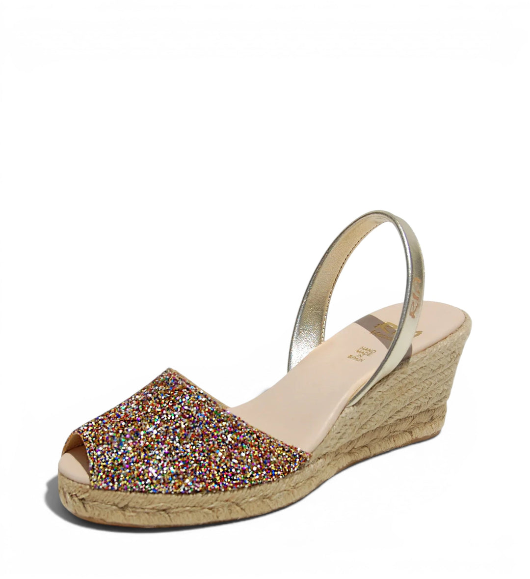 House of Florian Lluna Avarcas glitter wedge espadrilles with confetti pattern and slingback strap.