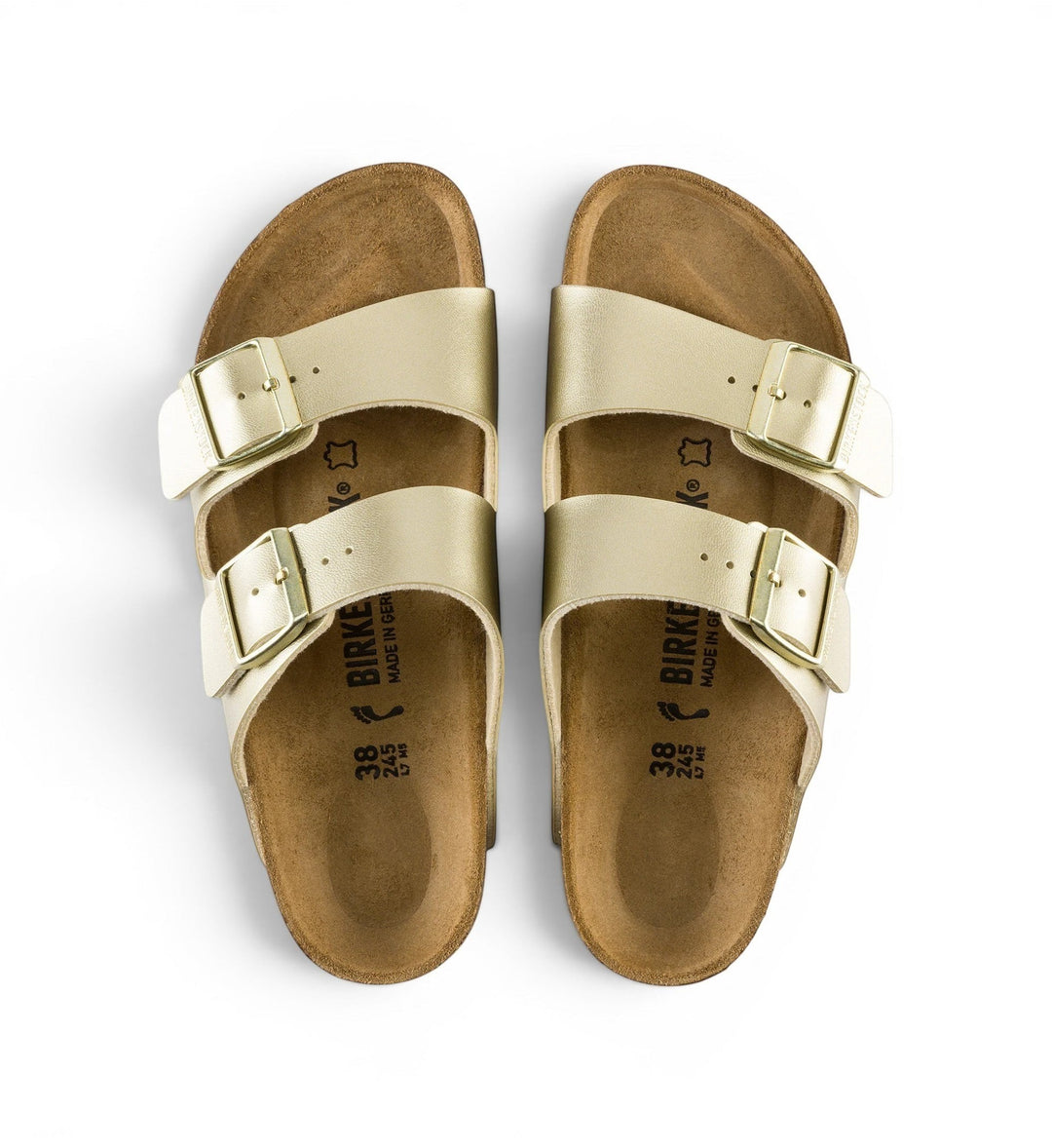 House of Florian Arizona metallic gold Birko-Flor sandals with two adjustable buckle straps and cork footbed.