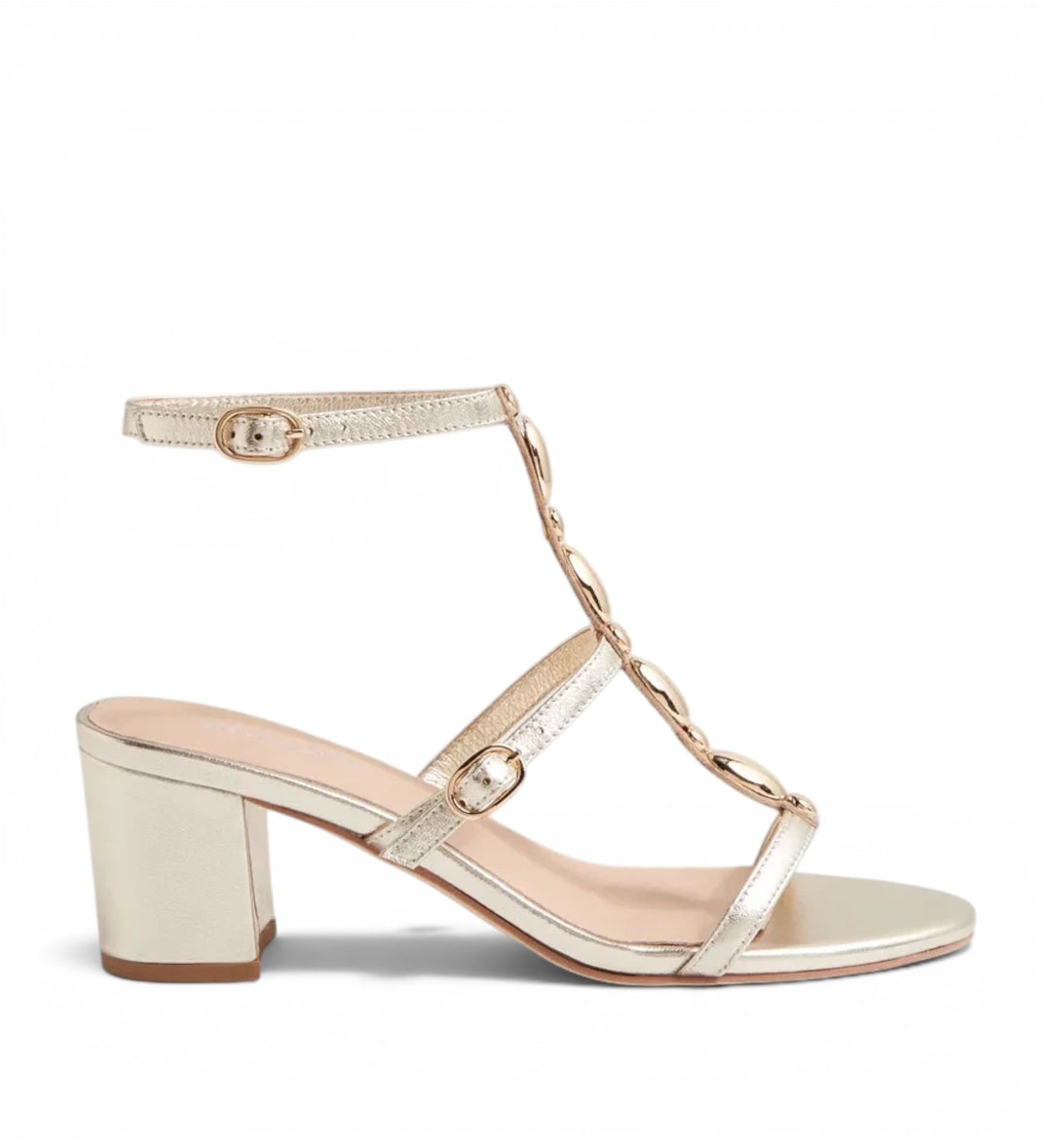 House of Florian Glimery Gold metallic block heel sandals with t-strap design and adjustable ankle buckle