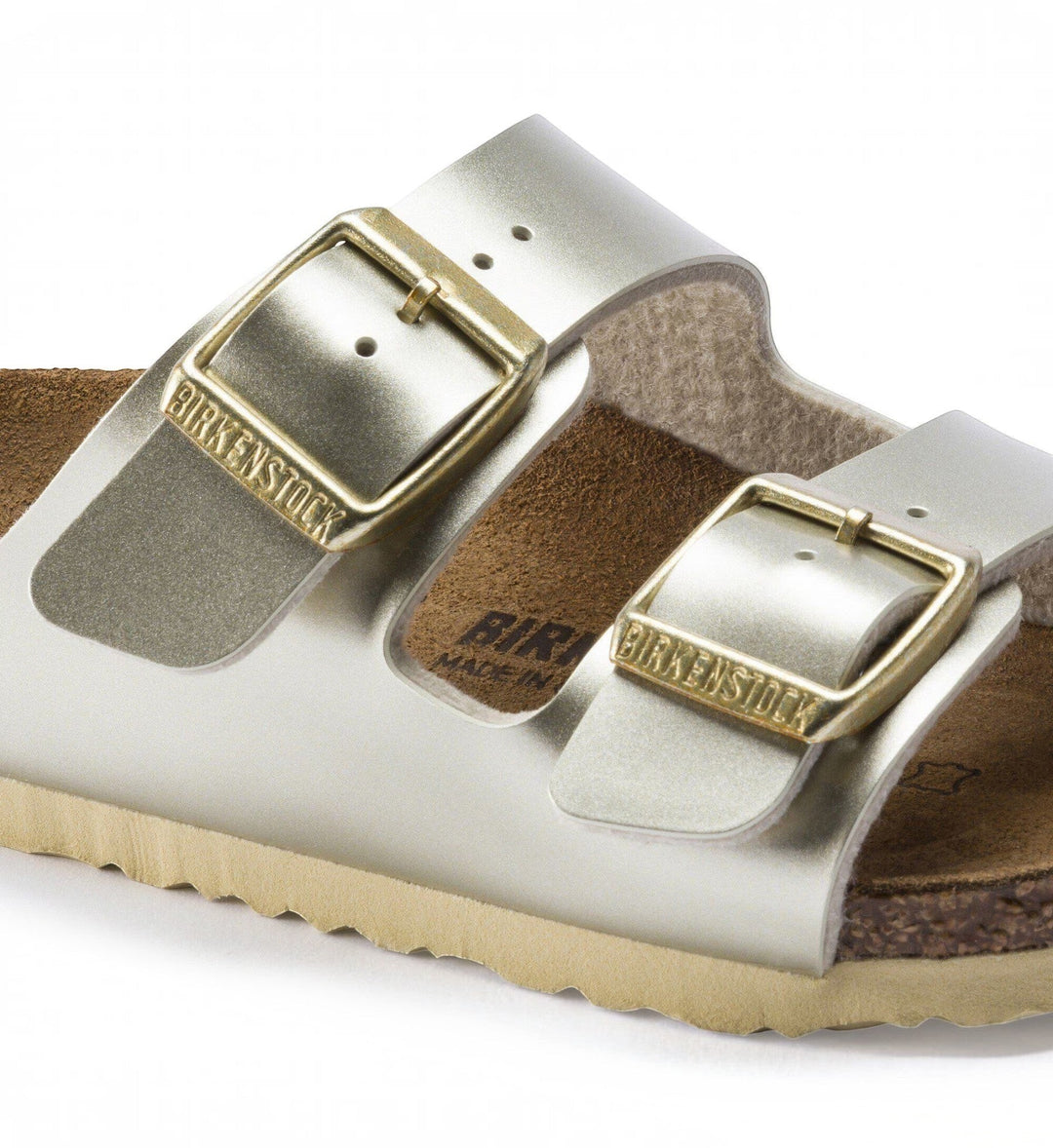 House of Florian Arizona kids sandals in electric metallic gold Birko-Flor with adjustable gold-tone buckles