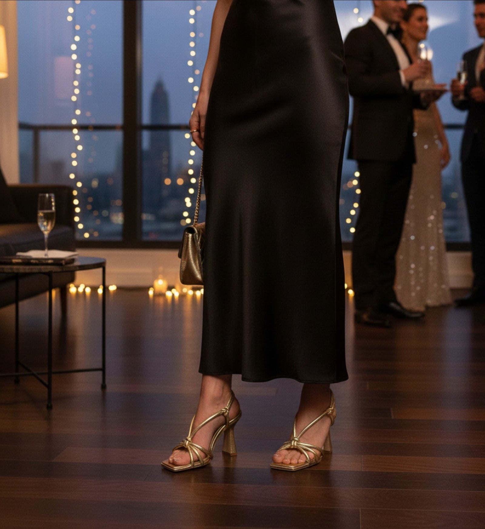 House of Florian gold metallic knotted strap square toe heeled sandals with flared heel and slingback strap.