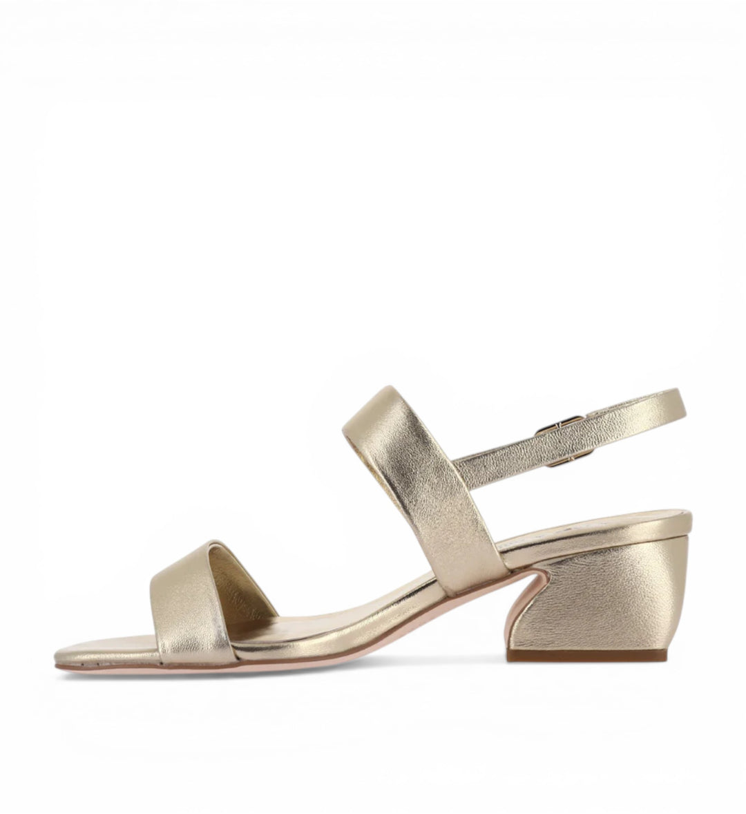 House of Florian Shaney Gold metallic leather block heel sandals with ankle strap and open toe.