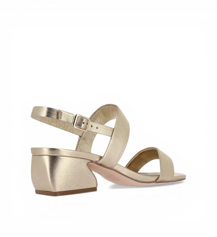 House of Florian Shaney Gold metallic leather block heel sandals with ankle strap and buckle closure.