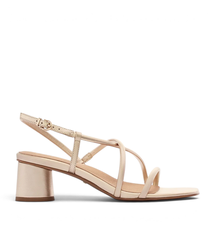 House of Florian Lottie soft gold strappy block heel sandals with an adjustable ankle strap and square toe design.
