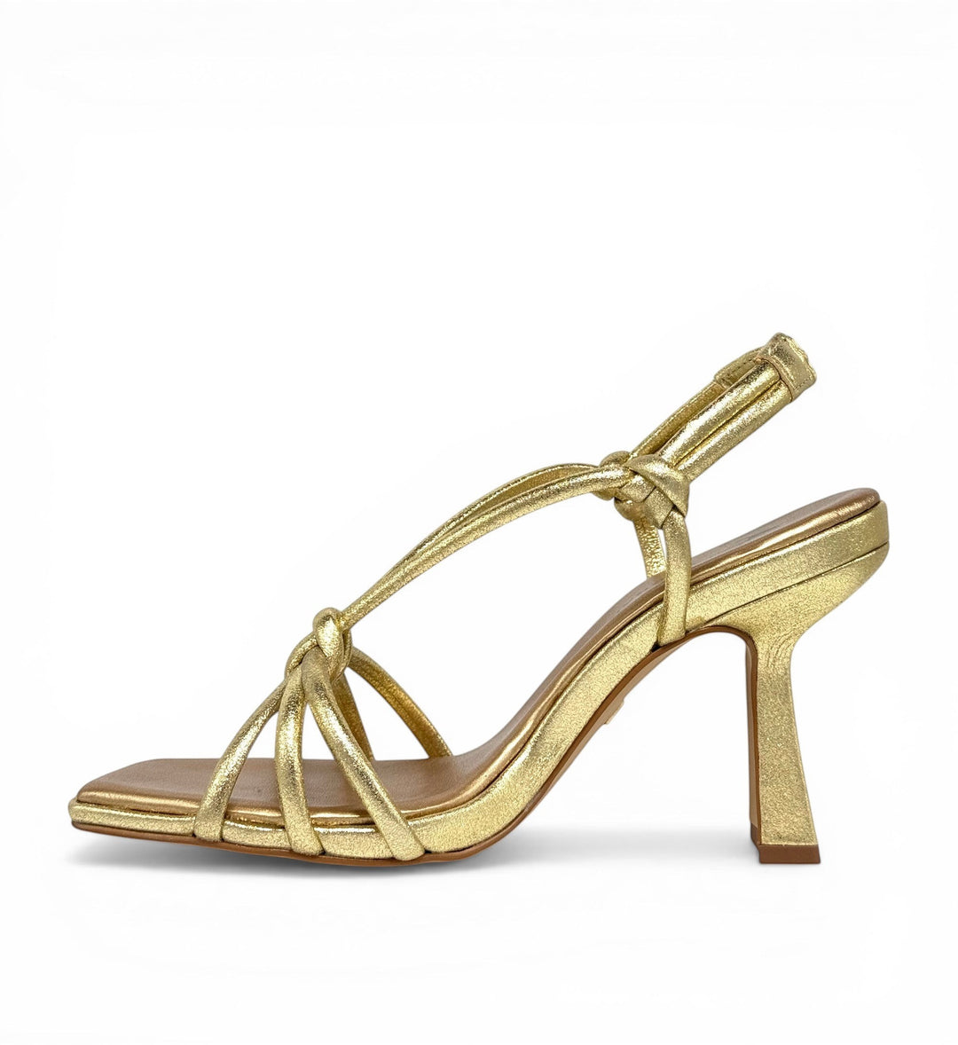 House of Florian gold metallic strappy square toe heeled sandals with knotted detail.