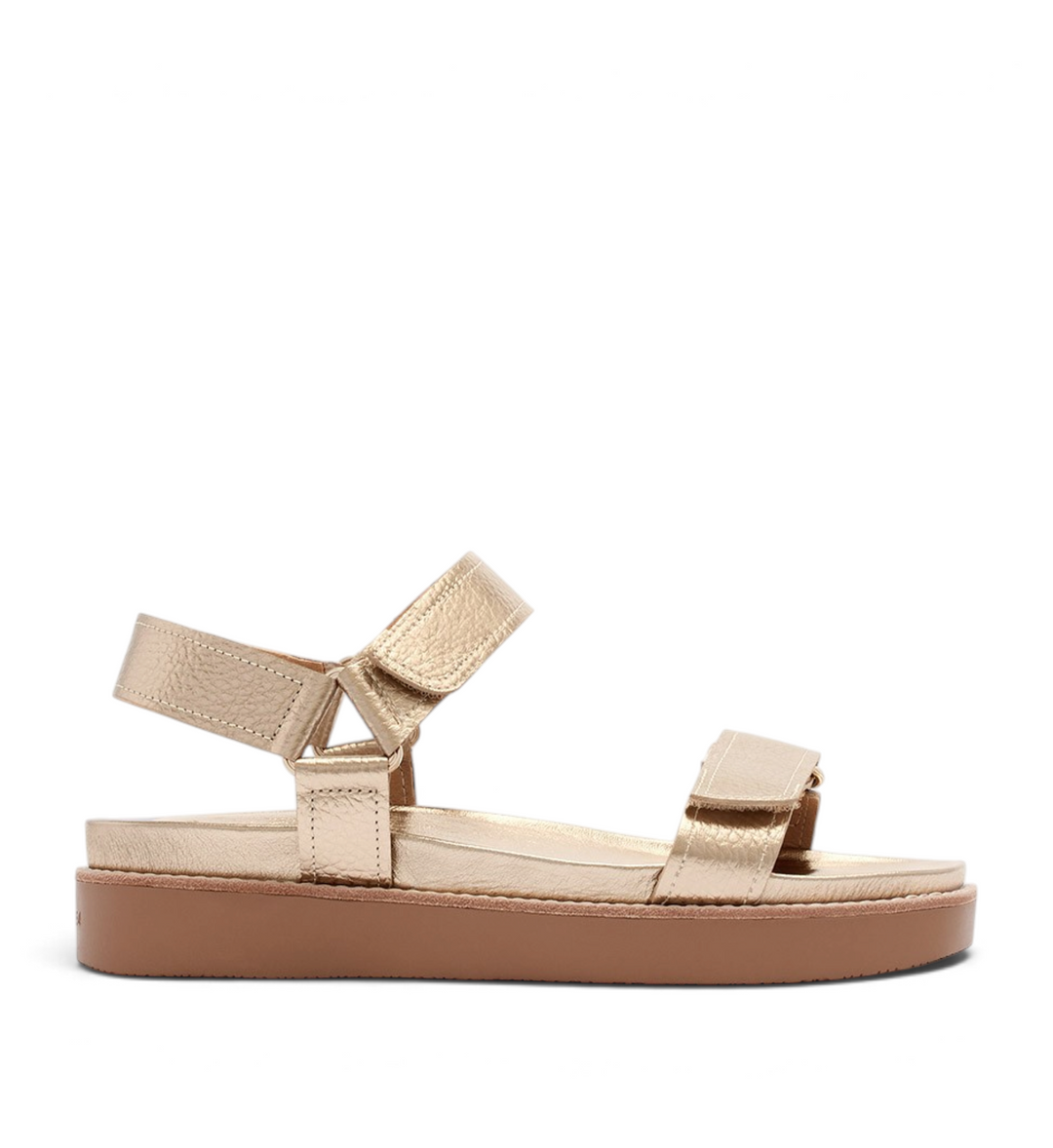 House of Florian Zane soft gold tumbled leather sandals with adjustable velcro straps and a thick brown platform sole