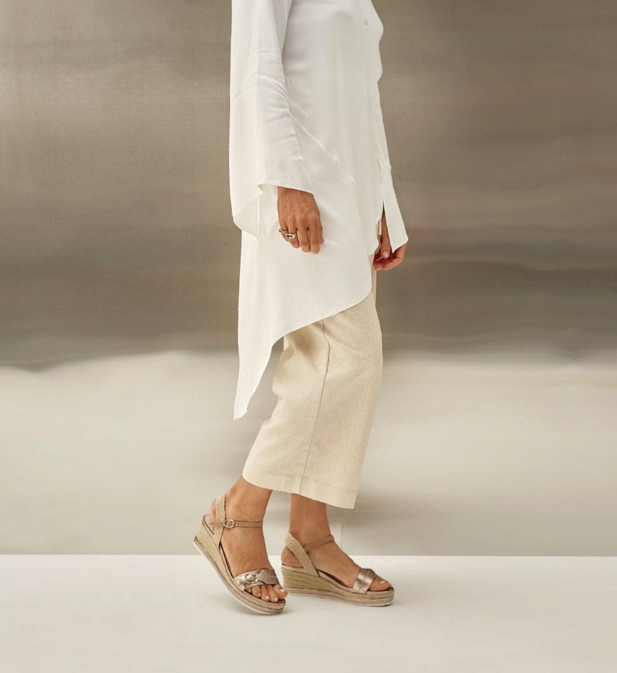 House of Florian Halle soft gold tumbled leather wedge sandals with an ankle strap and jute wrapped sole