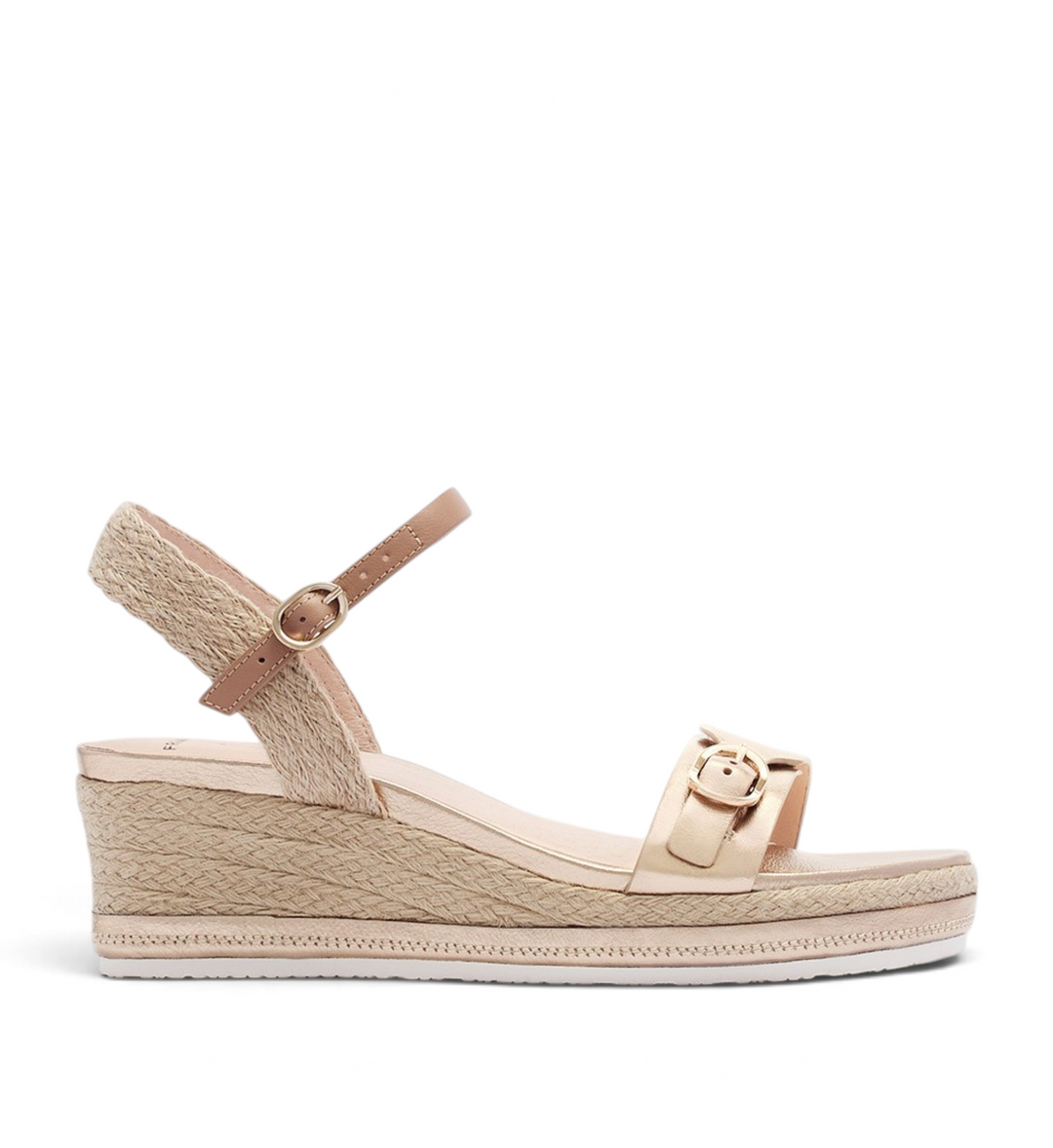 House of Florian Halle soft gold tumbled leather wedge sandal with an espadrille-style jute wrapped platform sole.