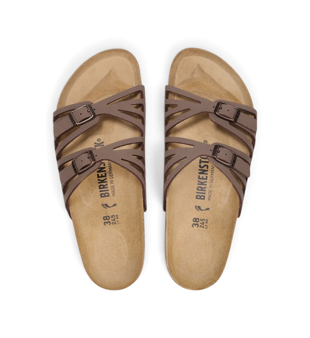 House of Florian Granada Birkibuc sandals in mocca brown with adjustable straps and cork footbed
