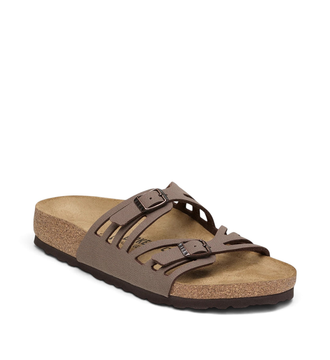 House of Florian Granada Birkibuc sandals in mocca brown with dual adjustable buckle straps and cork footbed