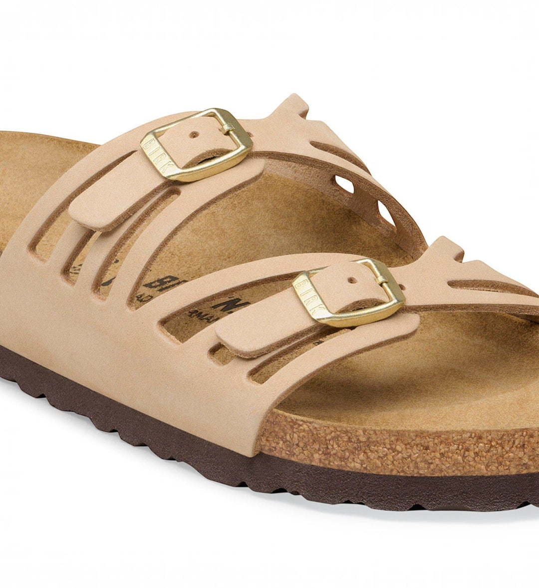 House of Florian Granada nubuck leather sandals in sandcastle beige with adjustable gold buckles and cork footbed