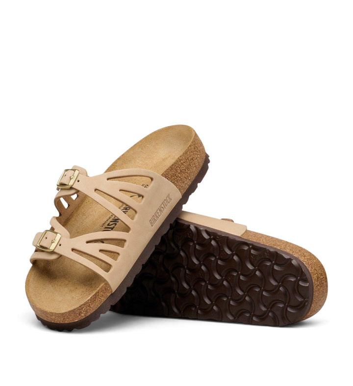 House of Florian Granada nubuck leather sandals in sandcastle beige with dual adjustable gold buckles and cork sole.