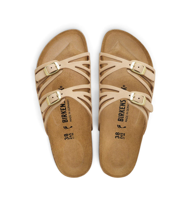 House of Florian Granada nubuck leather sandals in sandcastle beige with gold buckles and contoured footbed