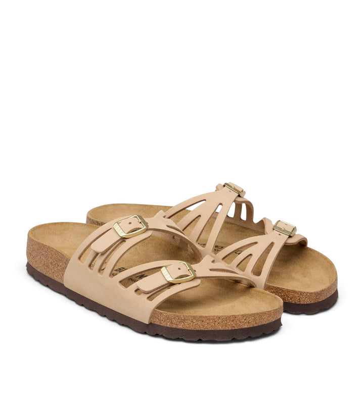 House of Florian Granada sandals in sandcastle nubuck leather with dual adjustable gold buckles and cork footbed